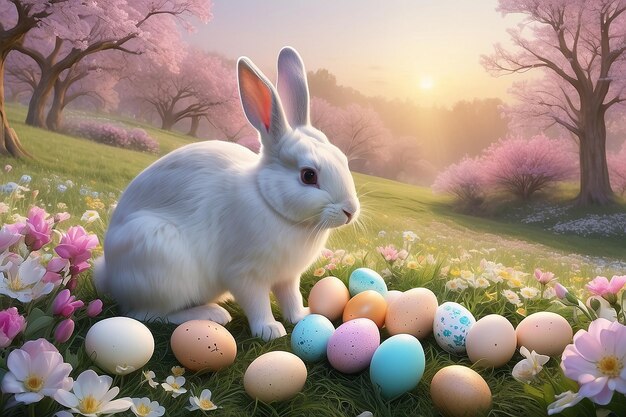 Generative AI Capturing Easters Charm with Serene Sunrises and Playful Bunnies