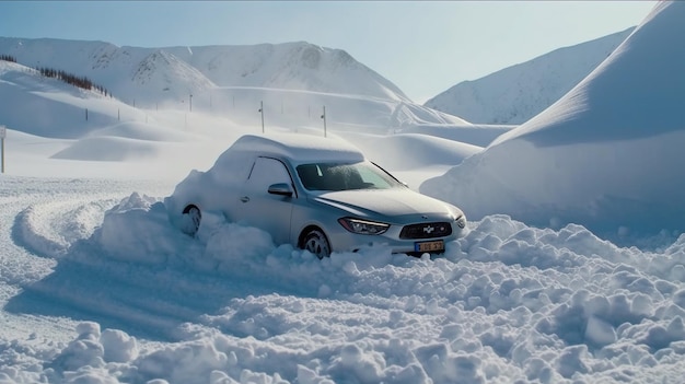 雪の吹きだまりに巻き込まれた車の生成 AI