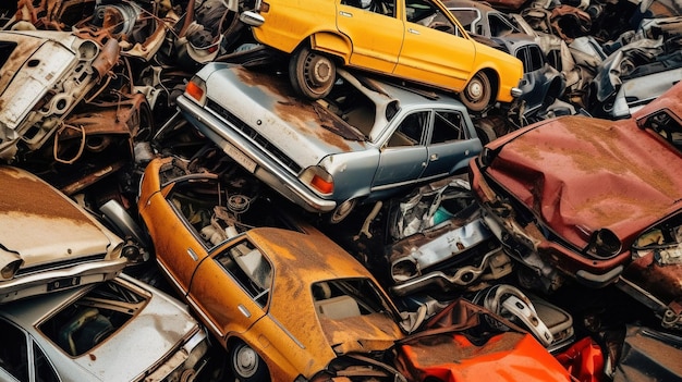 Photo generative ai car dump with a lot of broken used cars