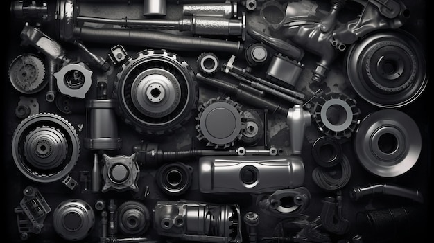 Photo generative ai and car parts center composition