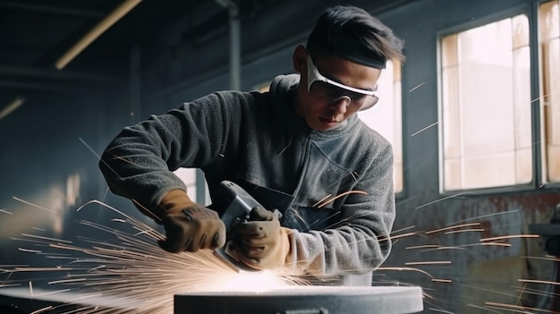 Generative AI car service worker polishing metal construction with a circular saw