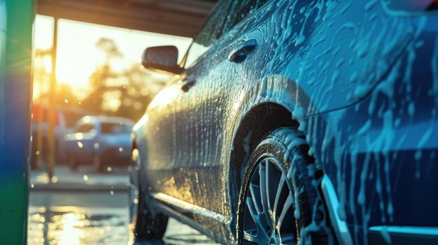 Photo generative ai car wash with foam soap high pressure vehicle washer machine sprays foam self service