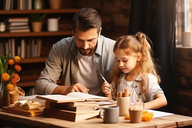 Generative ai caring young dad helping small primary pupil kid daughter preparing school homework