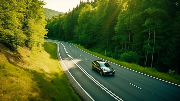 Generative AI cars on idyllic curving road through a green forest