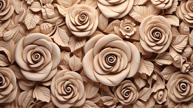 Photo generative ai carving natural wooden flowers 3d pattern brown and beige background