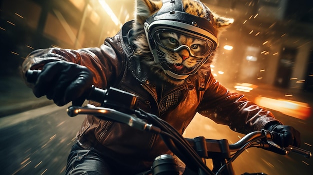 Generative AI a cat driving a motorcycle in the city