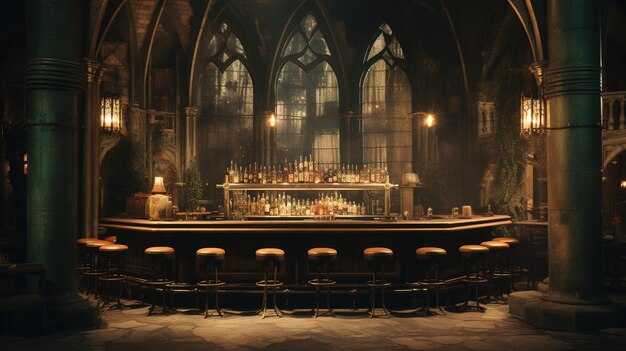 Generative AI Cathedral antique interior with bar or pub inside gothic church style