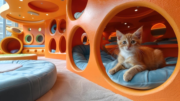 Generative AI cats interactive play zone with toys pets hotel concept