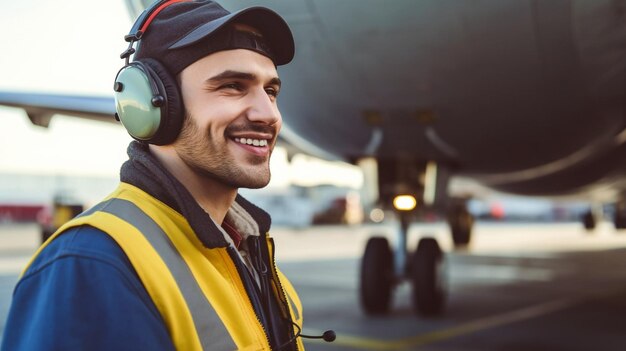 Generative AI Cheerful Airfield Mechanic Wearing Earmuffs