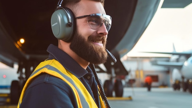Generative AI Cheerful Airfield Mechanic Wearing Earmuffs