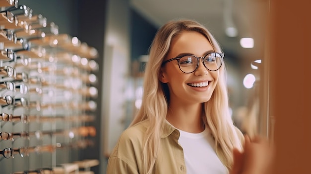 写真 眼鏡店でメガネを選ぶジェネレーティブ ai の陽気な女性