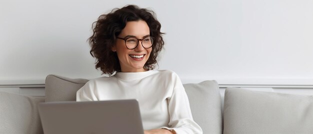 Generative AI Cheerful young ethnic female freelancer in glasses and casual clothes focusing on sc