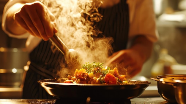 Generative AI chef is cooking with steaming hot pan busy restaurant kitchen