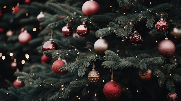 Generative AI Chhristmas and new year balls in the fir tree branches holidays concept festive