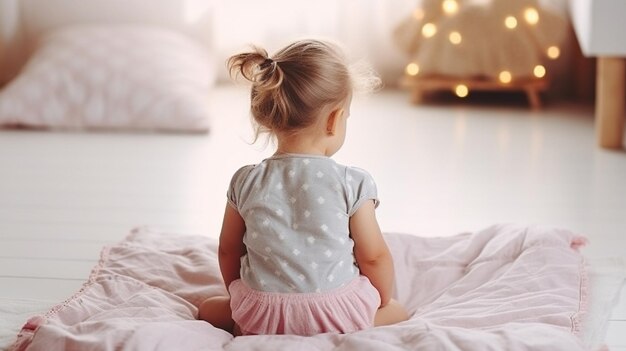 Generative AI child girl playing meditates in yoga pose in tent at home before going to bed