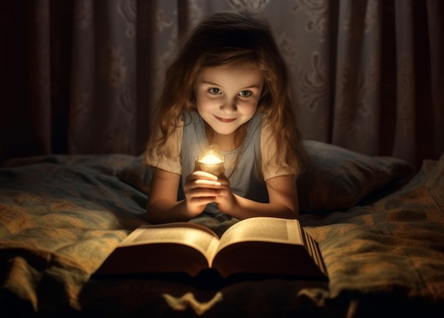 Generative AI child girl reading a book in bed before going to sleep