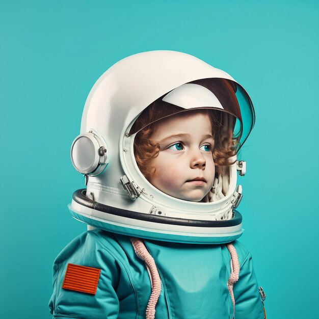 Foto bambino generativo ai che finge di essere un astronauta che gioca indossando un casco spaziale