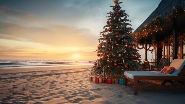 Generative AI Christmas on the beach Gifts Christmas tree palm ocean and chairs Vacation concept