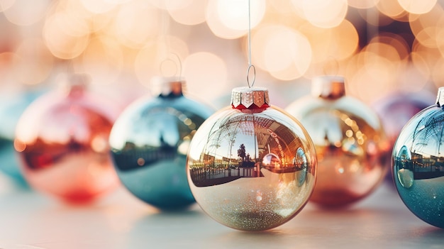 생성 AI 크리스마스 및 새해 공은 흐릿한 배경 휴일 개념 축제 겨울 시즌 배경
