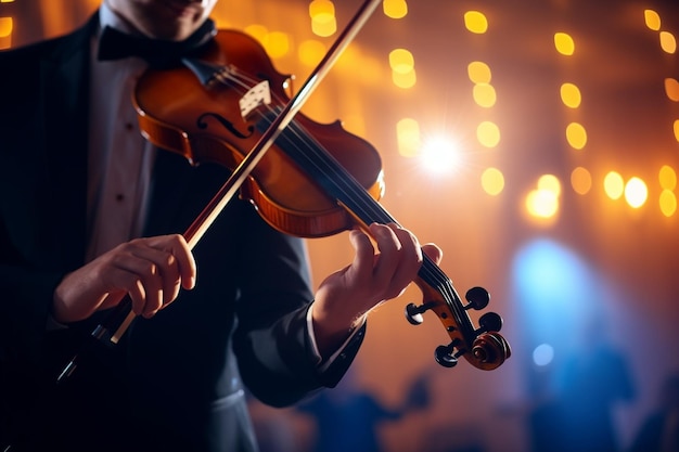 Generative AI Cinematic Close Up Shot of Professional Symphony Orchestra Violin Player Playing on