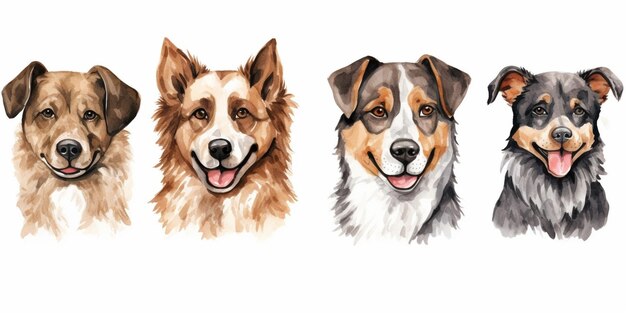 Generative AI Clip art set varieties of six dogs hand drawn sticker style watercolor brush