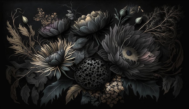 Генеративный ИИ Крупный план цветущих клумб удивительных черных цветов на мрачном готическом угрюмом фоне