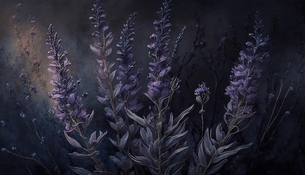 Generative AI Close up of blooming flowerbeds of amazing lavender purple flowers on dark moody