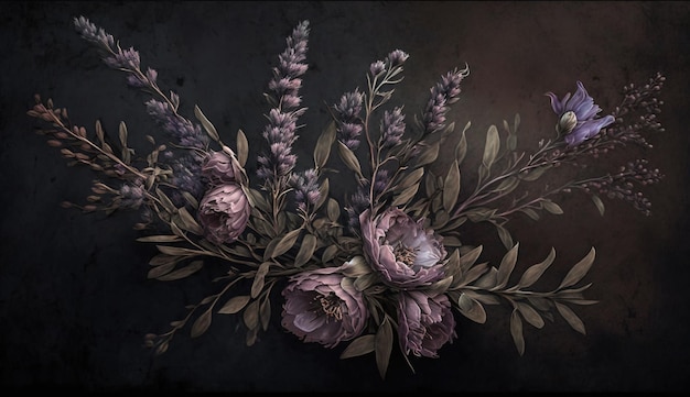Generative AI Close up of blooming flowerbeds of amazing lavender purple flowers on dark moody