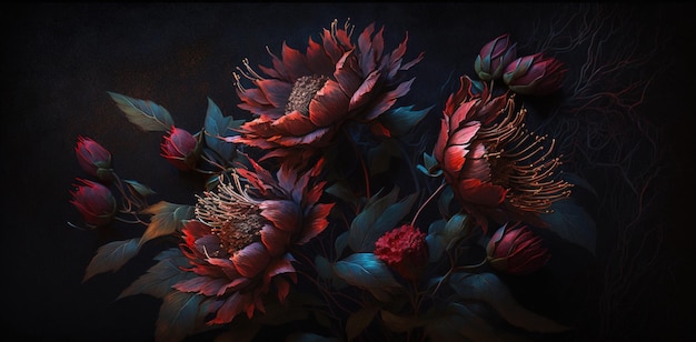 Generative AI Close up of blooming flowerbeds of amazing red color flowers on dark moody