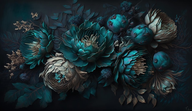 Generative AI Close up of blooming flowerbeds of amazing teal flowers on dark moody floral textured