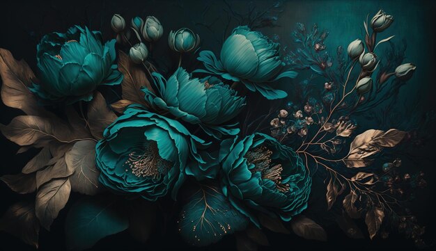 Generative AI Close up of blooming flowerbeds of amazing teal flowers on dark moody floral textured