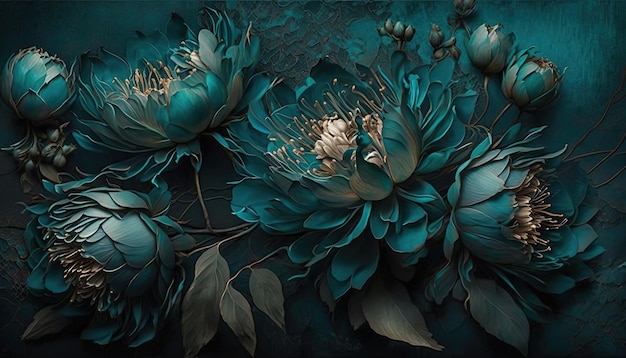 Generative AI Close up of blooming flowerbeds of amazing teal flowers on dark moody floral