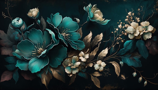 Generative AI Close up of blooming flowerbeds of amazing teal flowers on dark moody