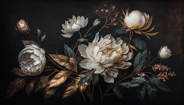 Generative AI Close up of blooming flowerbeds of amazing white and golden flowers on dark moody