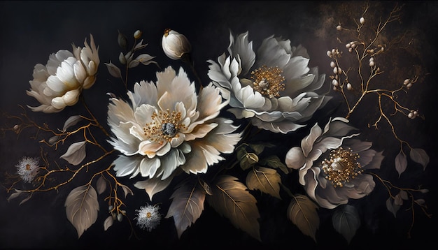 Generative AI Close up of blooming flowerbeds of amazing white and golden flowers on dark moody