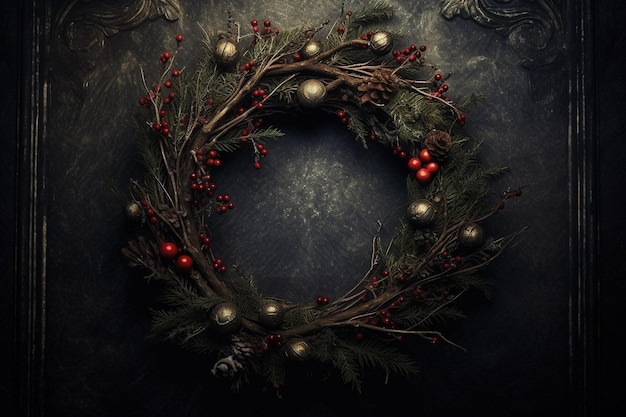 Photo generative ai close up christmas wreath dried branches red berries pine balls and flowers