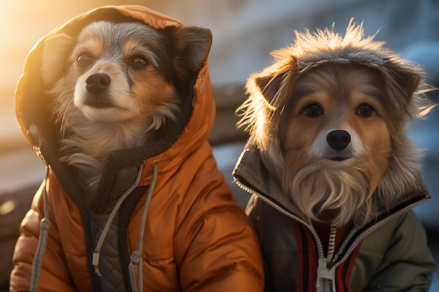 Generative AI Close up frame of two cute dogs kept warm in jacket in afternoon sun