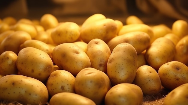生成 AI クローズ アップ新鮮な有機丸ごとジャガイモの背景ファーマーズ マーケットの野菜