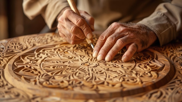 Generative AI close up hands of elderly woodcarver at work handcrafting with wood beautiful ornament