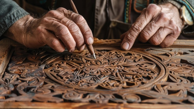 Generative AI close up hands of elderly woodcarver at work handcrafting with wood beautiful ornament