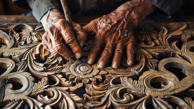 Generative AI close up hands of elderly woodcarver at work handcrafting with wood beautiful ornament