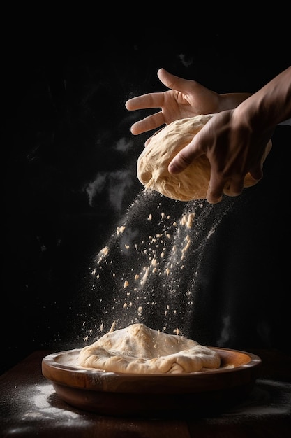 Generative ai close up of human hands powdering with flour