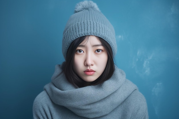 Generative AI Close up portrait of korean girl feels cold shakes and freezes puts on beanie and