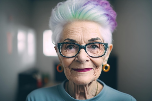 Generative ai close up portrait of senior old smiling grandmother woman