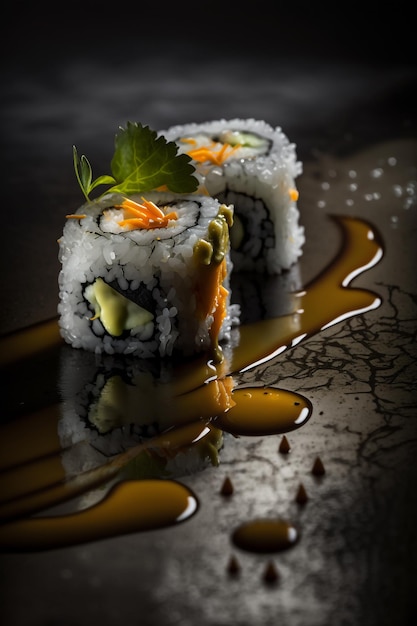 Generative ai close up sushi maki roll isolated background