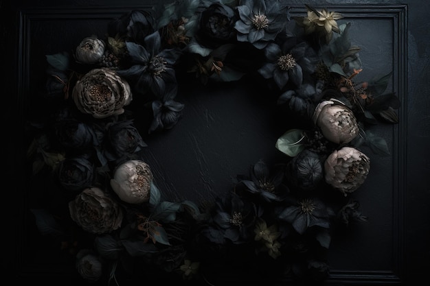 Generative AI Close up wreath blooming flowerbeds of amazing black flowers on dark moody