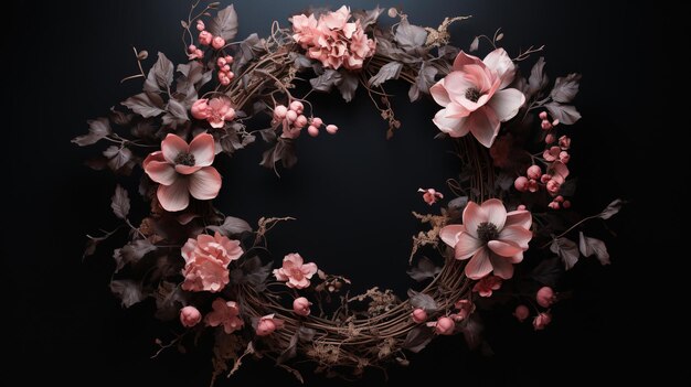 Generative AI는 어두운 변덕스러운 꽃 질감 배경에 놀라운 분홍색과 흰색 꽃의 화환을 닫습니다