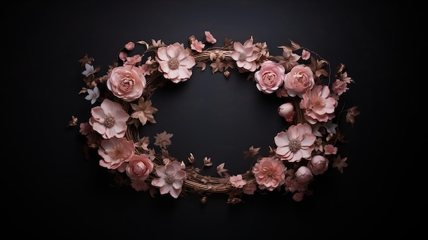 Photo generative ai close up wreath blooming flowerbeds of amazing pink and white flowers on dark moody
