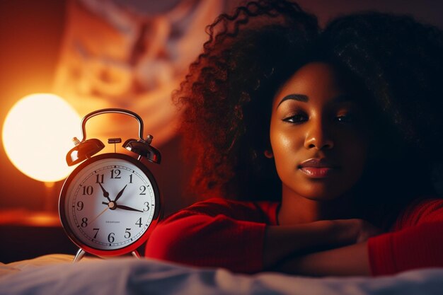 Generative AI Closeup of bright red alarm clock and young latino woman turning it off while layin