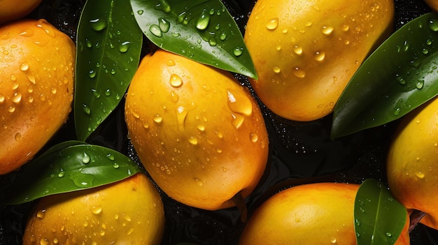 Generative AI closeup fresh mango fruit background Tropical exotic closeup photo with water drops